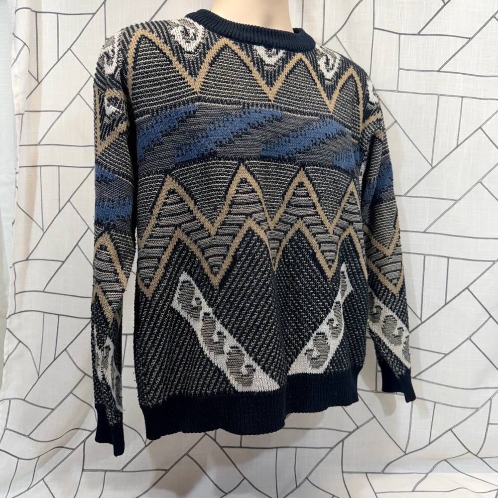 Sweater Graphix Vintage Geometric Knit Sweater M‎ Black Blue Excellent 90s Retro